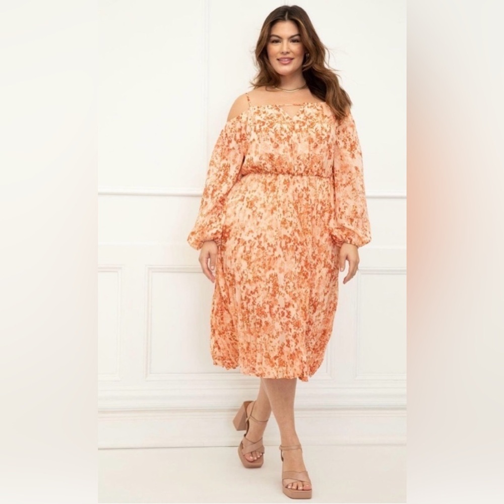 ELOQUII Size 26 Pleated Off The Shoulder Midi Dress Crinkle Chiffon Pink
